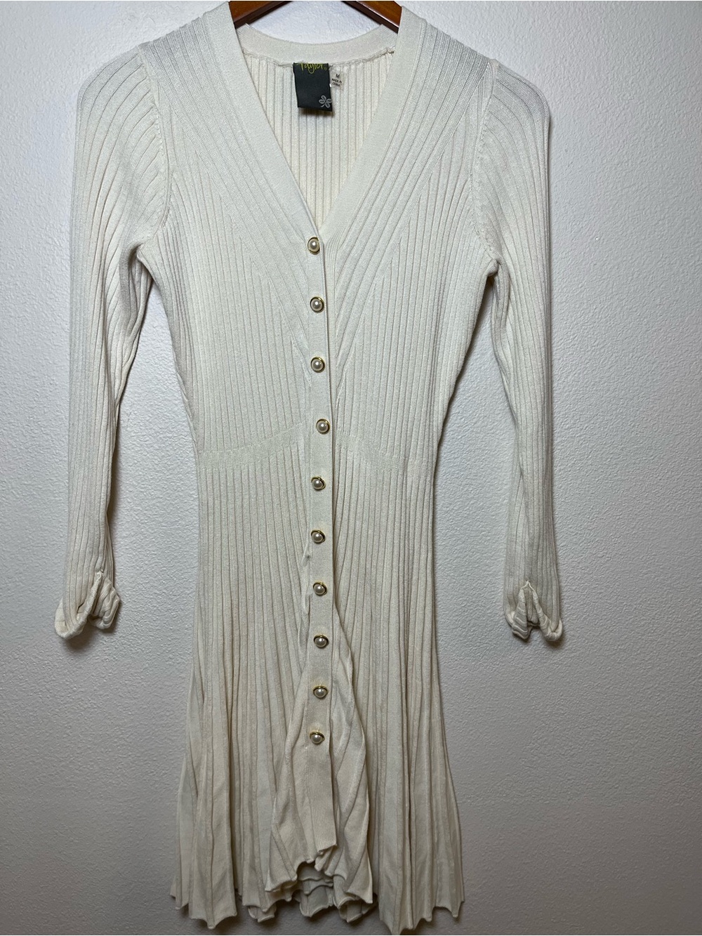 Taylor Cream Ribbed Button-Down Long Sleeve Dress